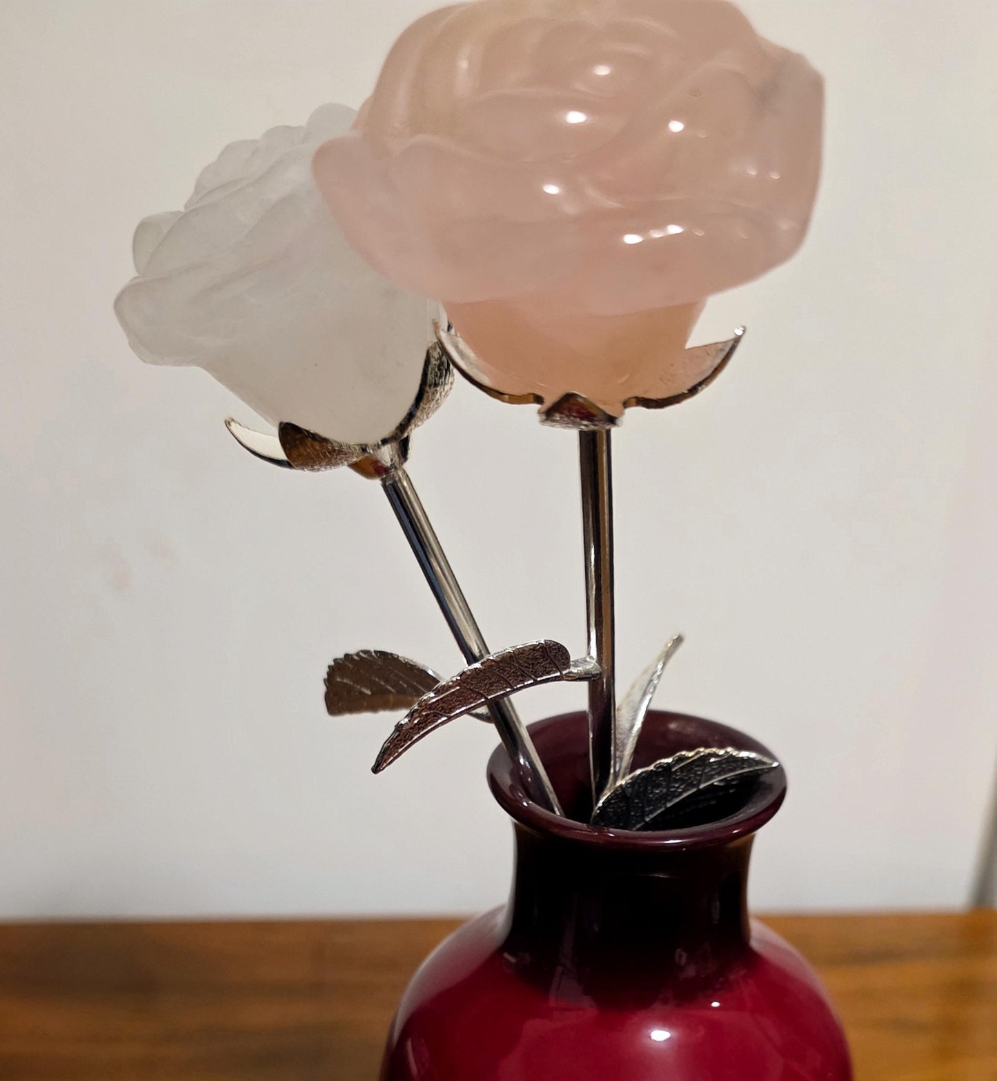 Crystal Rose Full Blooms, Silver Long Stem | Handcrafted Gemstone Flowers for Wedding & Romantic Occasion