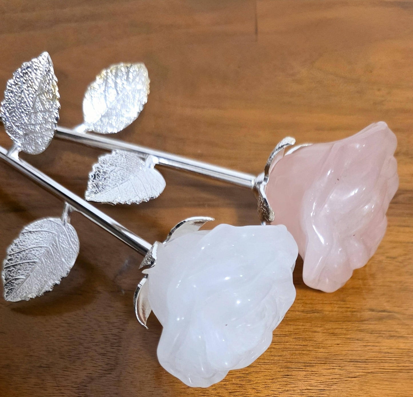 Crystal Rose Full Blooms, Silver Long Stem | Handcrafted Gemstone Flowers for Wedding & Romantic Occasion