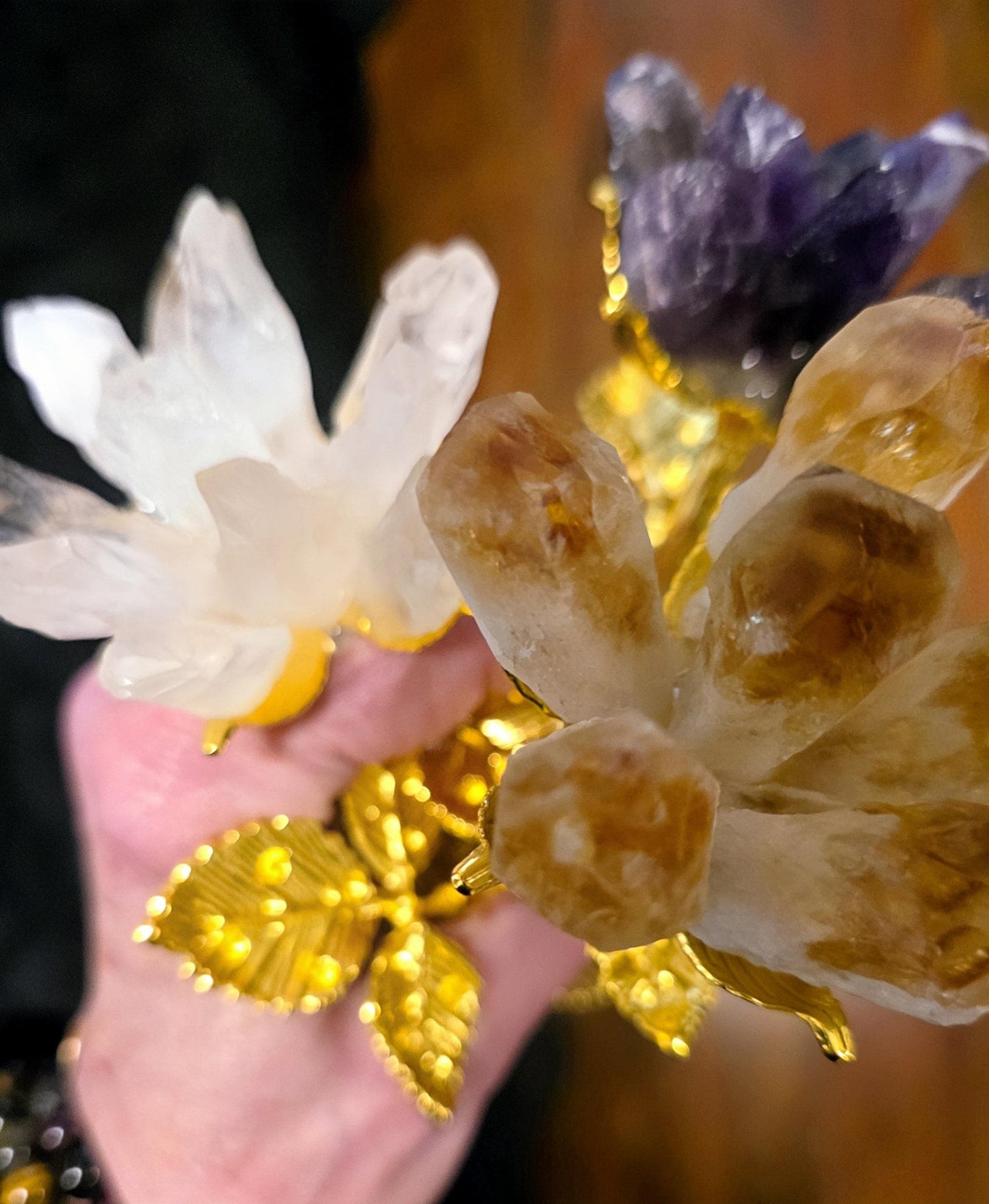 Raw Quartz Crystal Rose Cluster with Gold Stem | Large Rough Gemstone Flowers, Wedding Bouquet