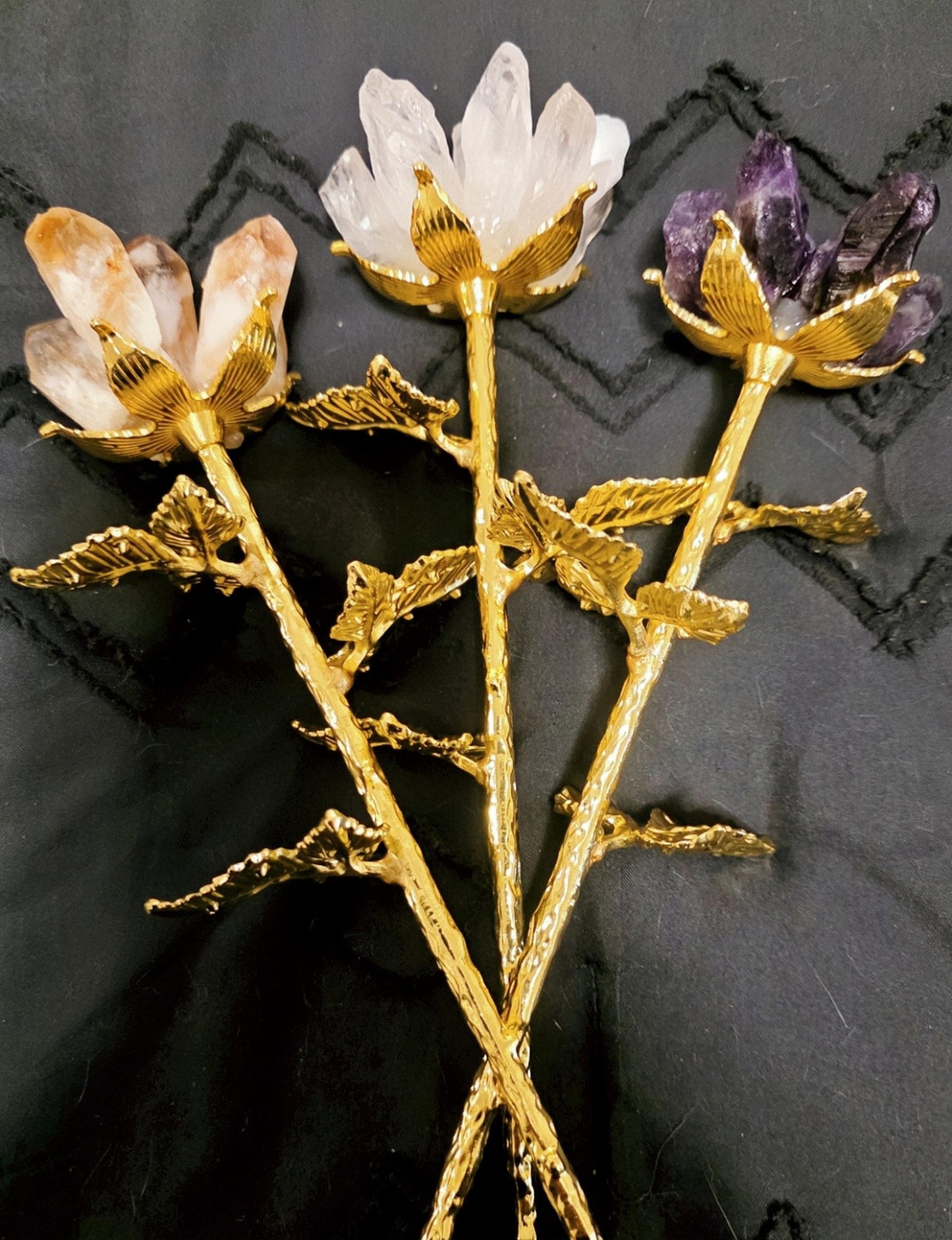 Raw Quartz Crystal Rose Cluster with Gold Stem | Large Rough Gemstone Flowers, Wedding Bouquet