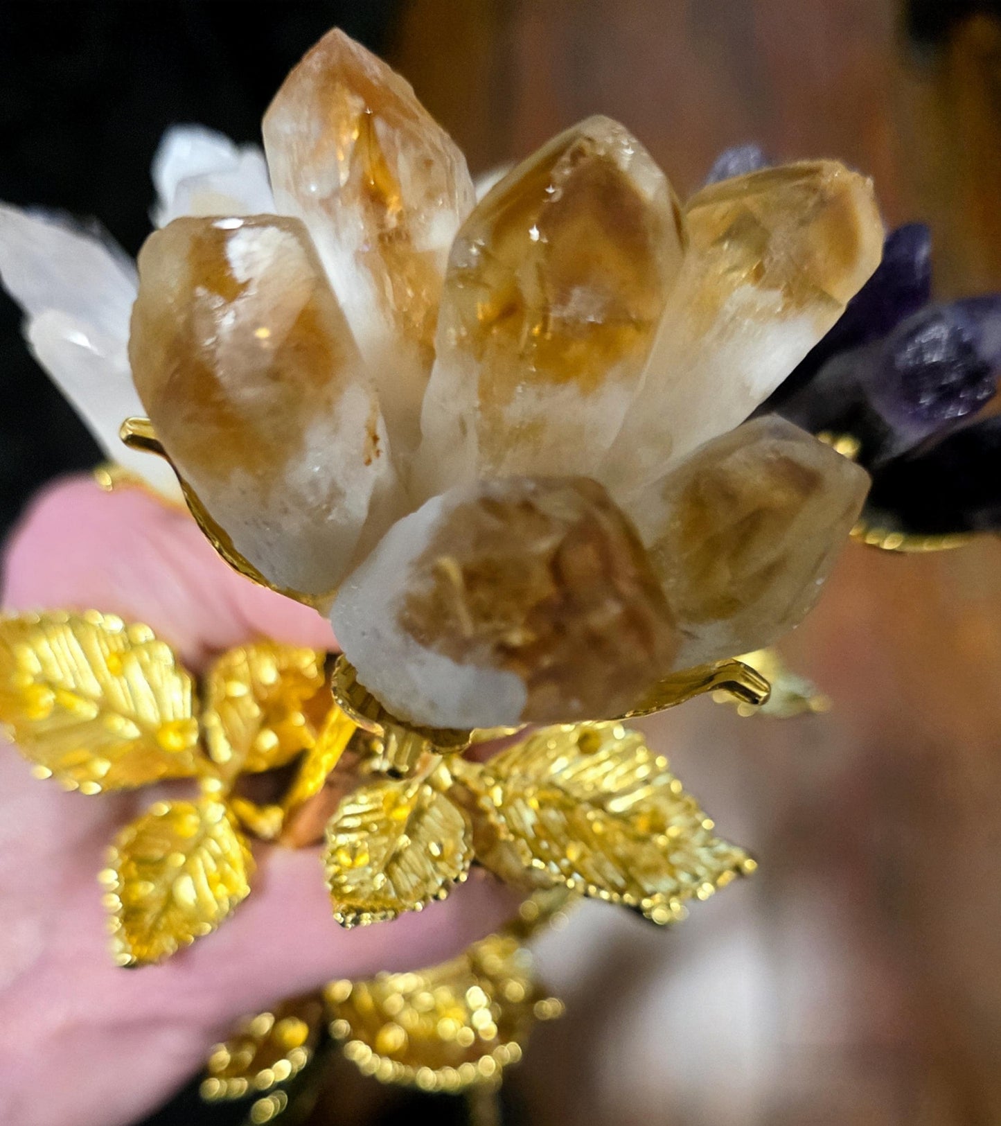 Raw Quartz Crystal Rose Cluster with Gold Stem | Large Rough Gemstone Flowers, Wedding Bouquet