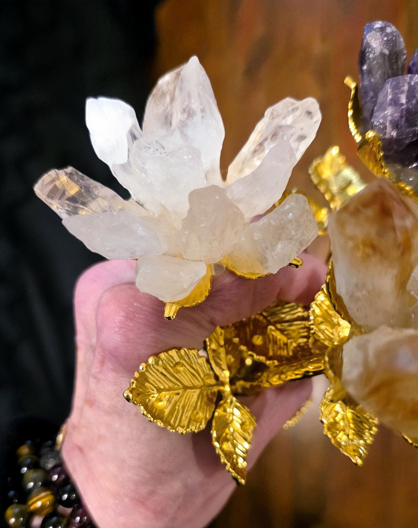 Raw Quartz Crystal Rose Cluster with Gold Stem | Large Rough Gemstone Flowers, Wedding Bouquet