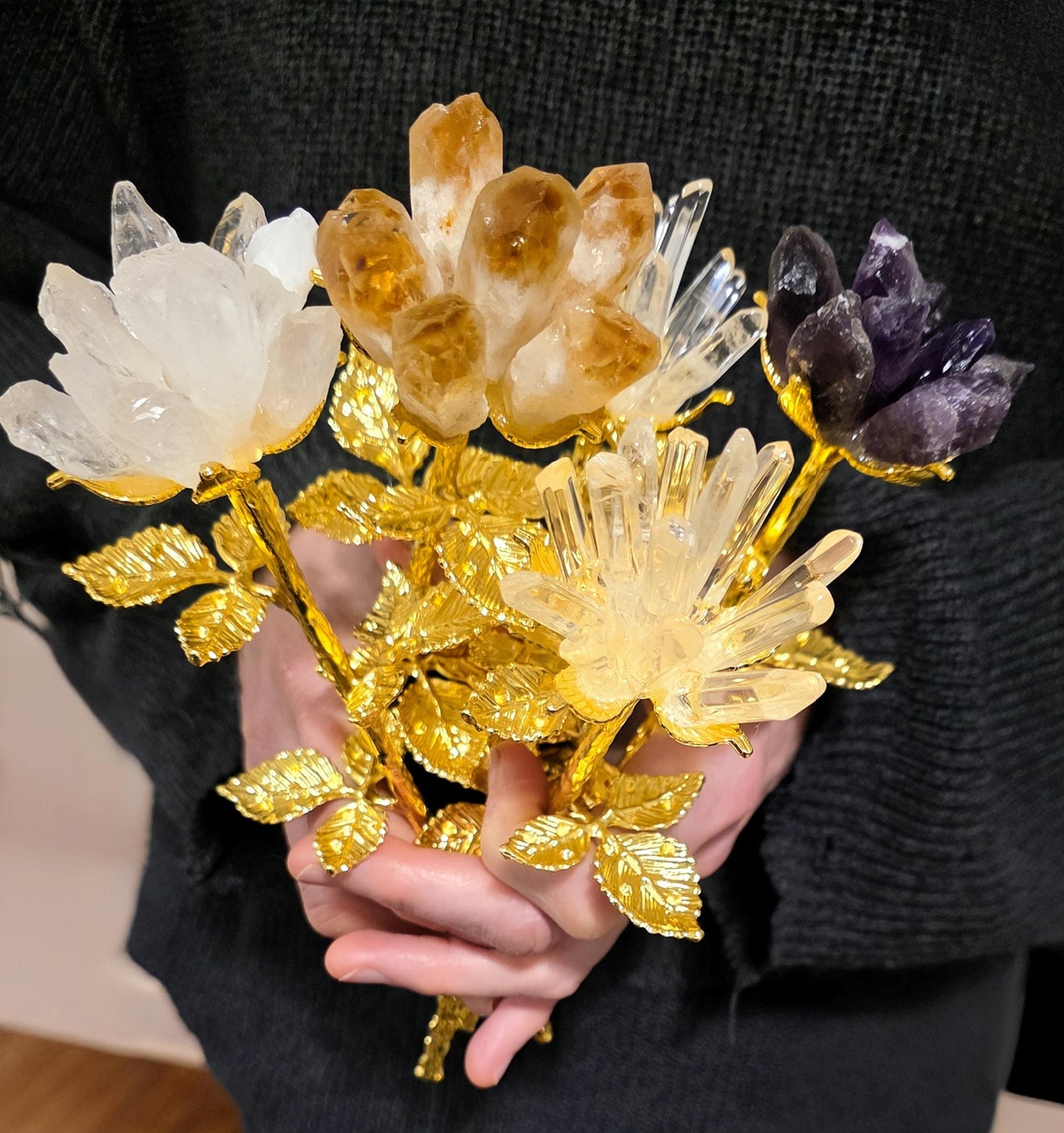 Raw Quartz Crystal Rose Cluster with Gold Stem | Large Rough Gemstone Flowers, Wedding Bouquet
