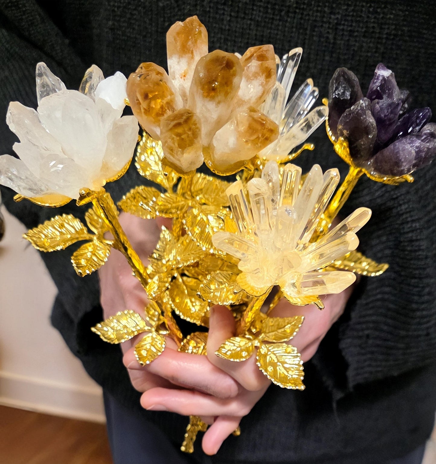 Raw Quartz Crystal Rose Cluster with Gold Stem | Large Rough Gemstone Flowers, Wedding Bouquet