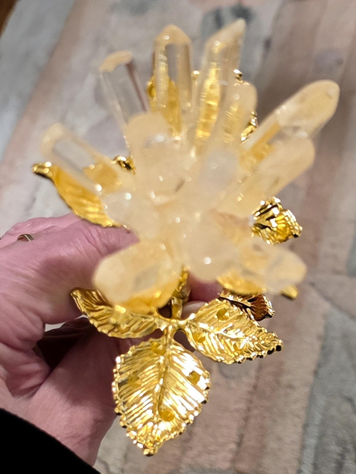Quartz Crystal Rose Bloom Clusters, Gold Long Stem | Large Polished Gemstone Flowers, Bridal Bouquet