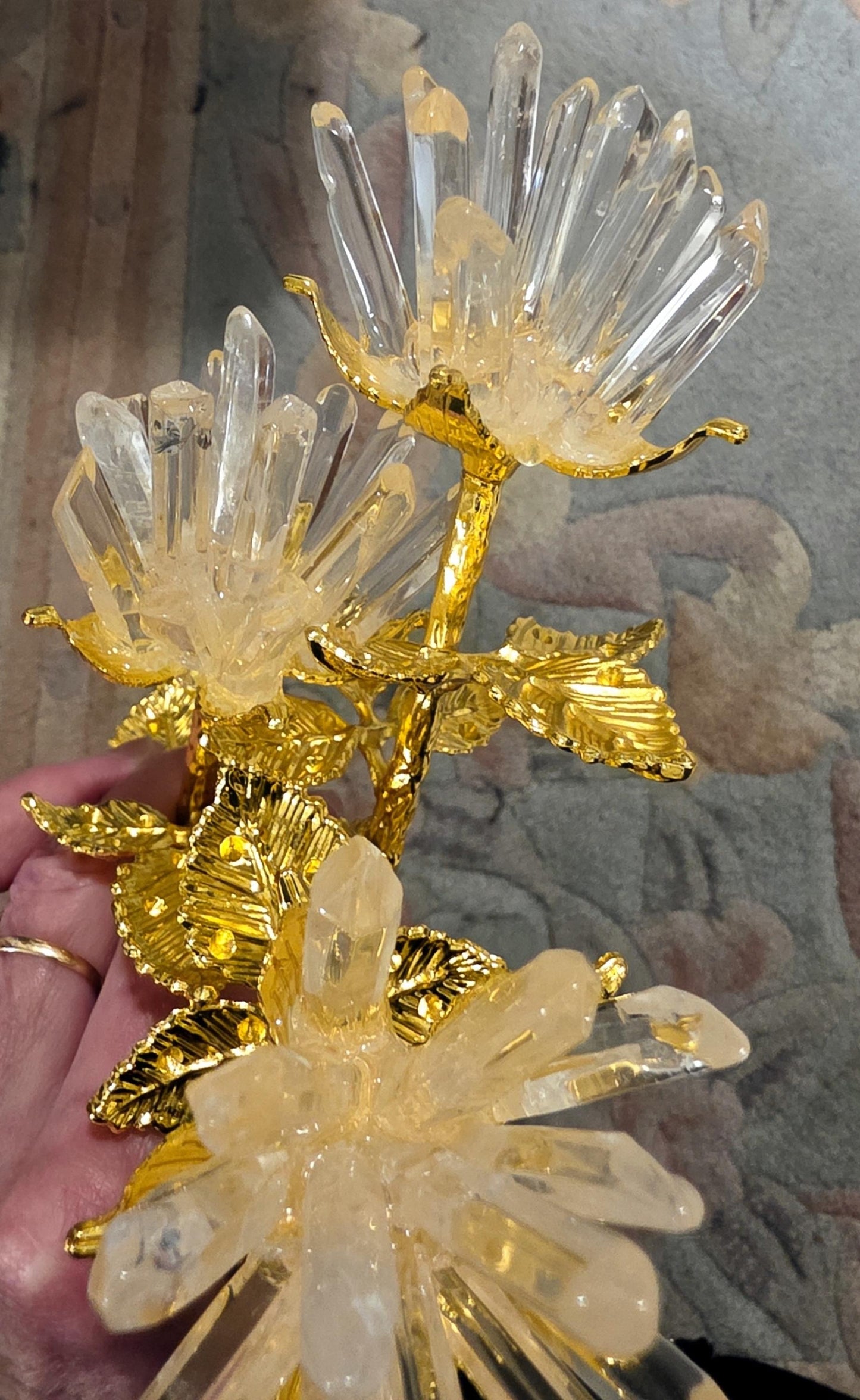 Quartz Crystal Rose Bloom Clusters, Gold Long Stem | Large Polished Gemstone Flowers, Bridal Bouquet