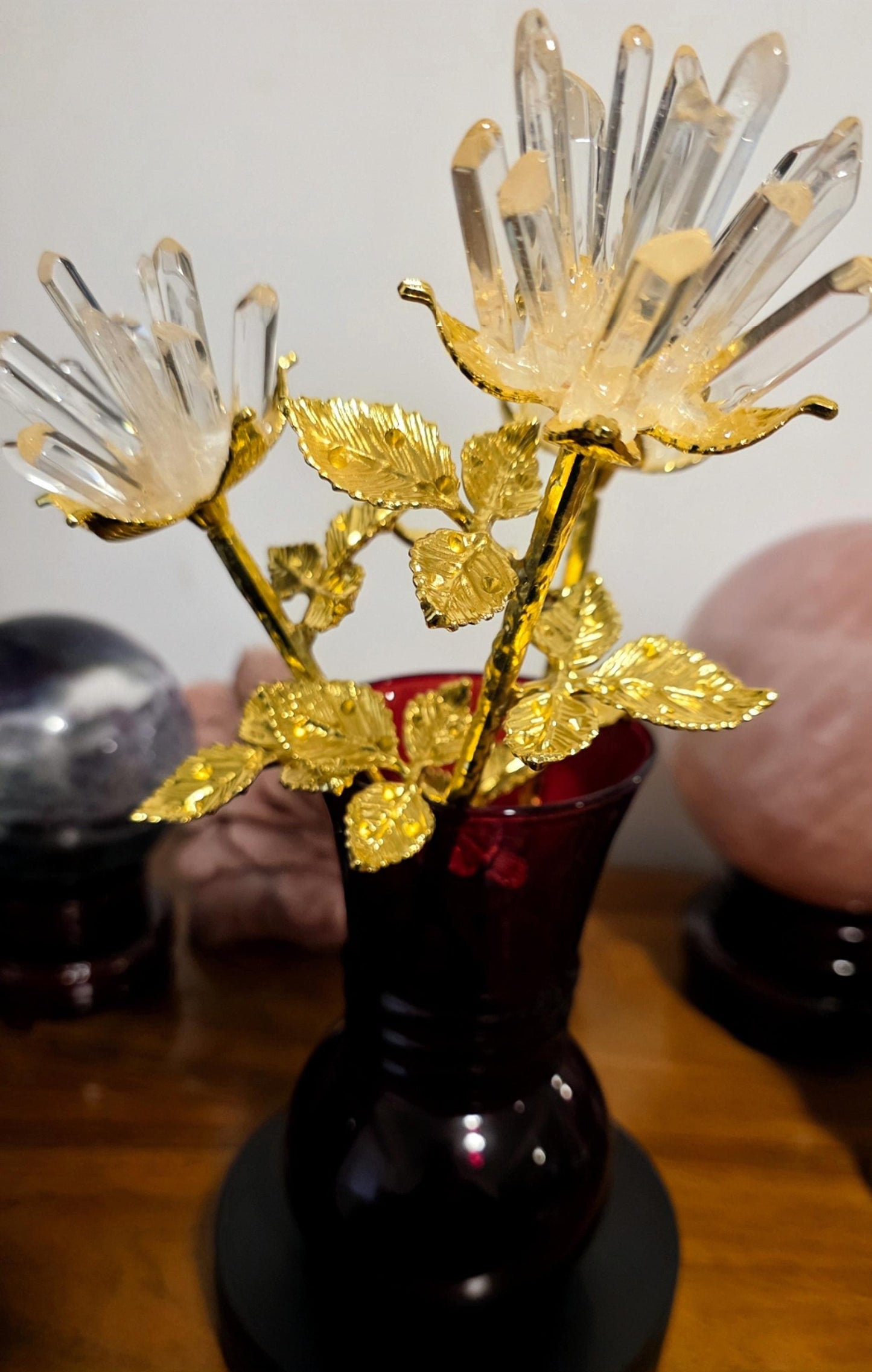 Quartz Crystal Rose Bloom Clusters, Gold Long Stem | Large Polished Gemstone Flowers, Bridal Bouquet