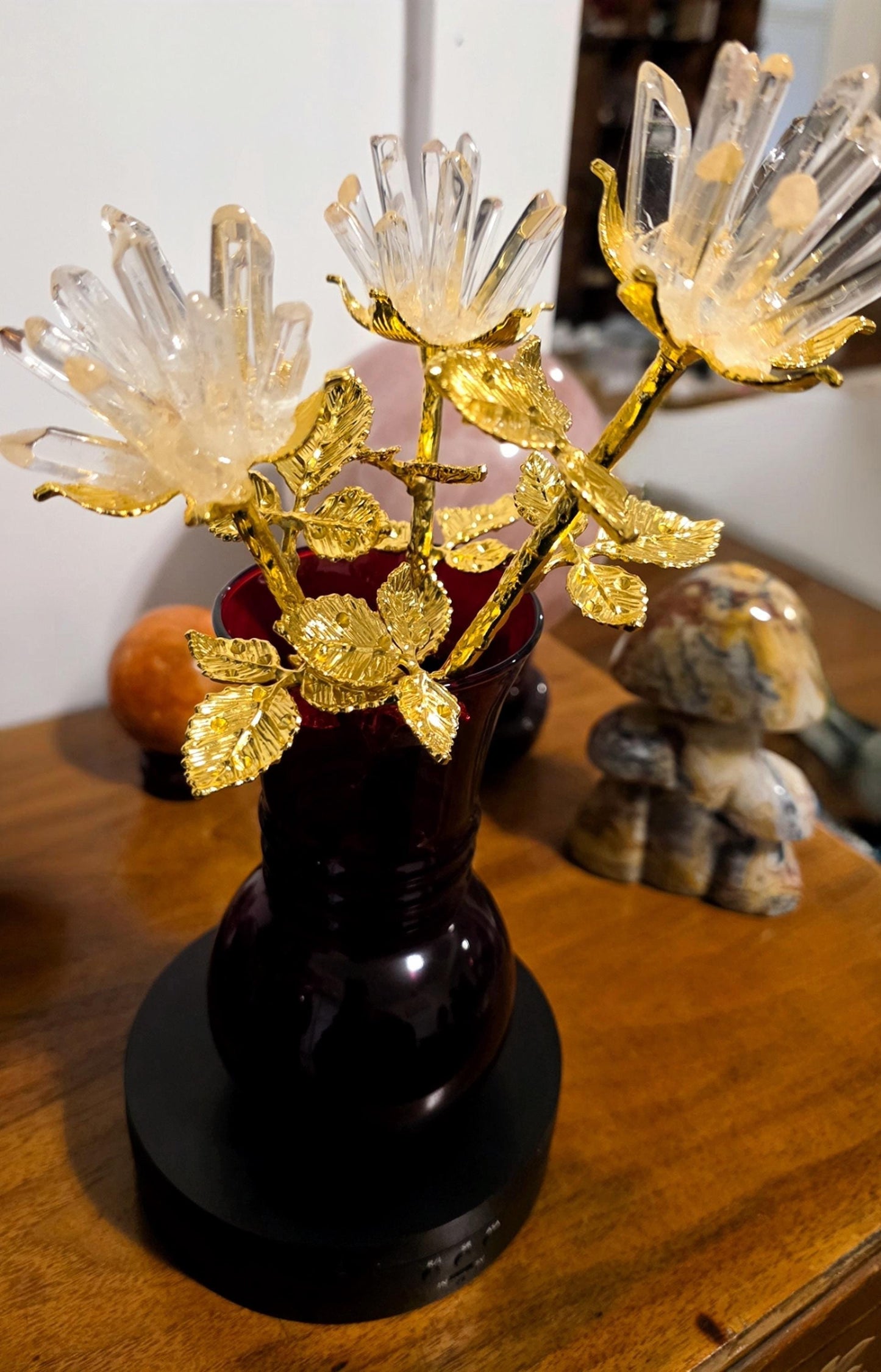 Quartz Crystal Rose Bloom Clusters, Gold Long Stem | Large Polished Gemstone Flowers, Bridal Bouquet