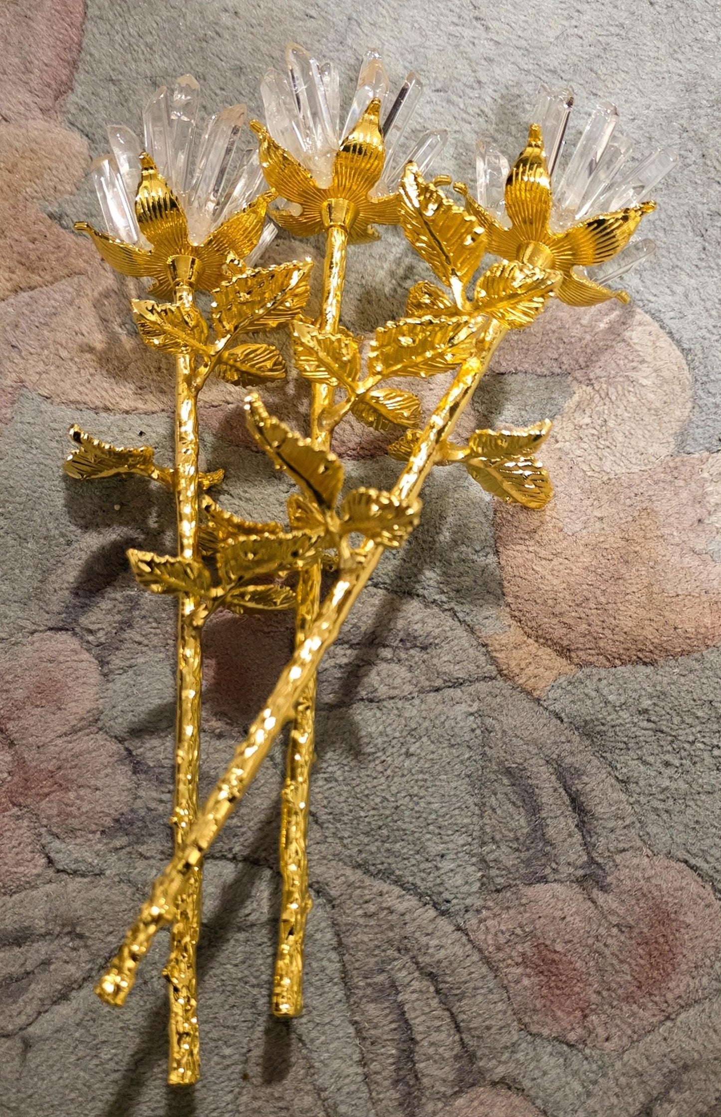 Quartz Crystal Rose Bloom Clusters, Gold Long Stem | Large Polished Gemstone Flowers, Bridal Bouquet