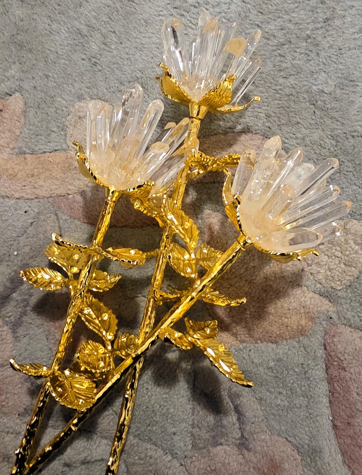 Quartz Crystal Rose Bloom Clusters, Gold Long Stem | Large Polished Gemstone Flowers, Bridal Bouquet