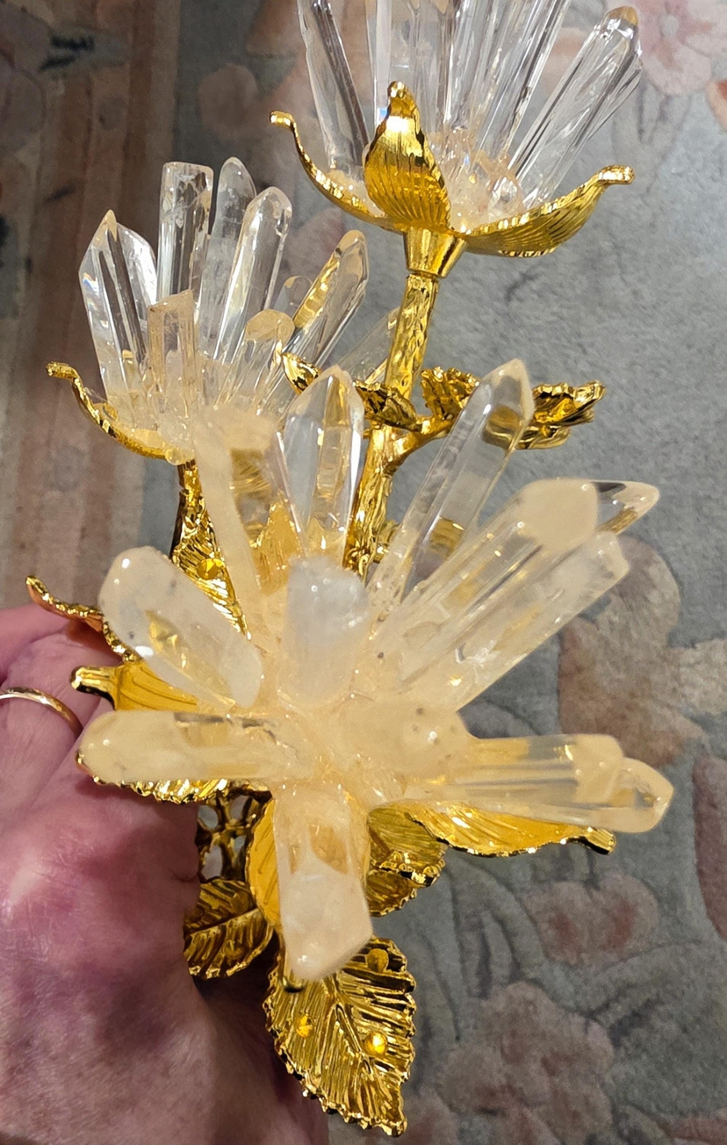 Quartz Crystal Rose Bloom Clusters, Gold Long Stem | Large Polished Gemstone Flowers, Bridal Bouquet