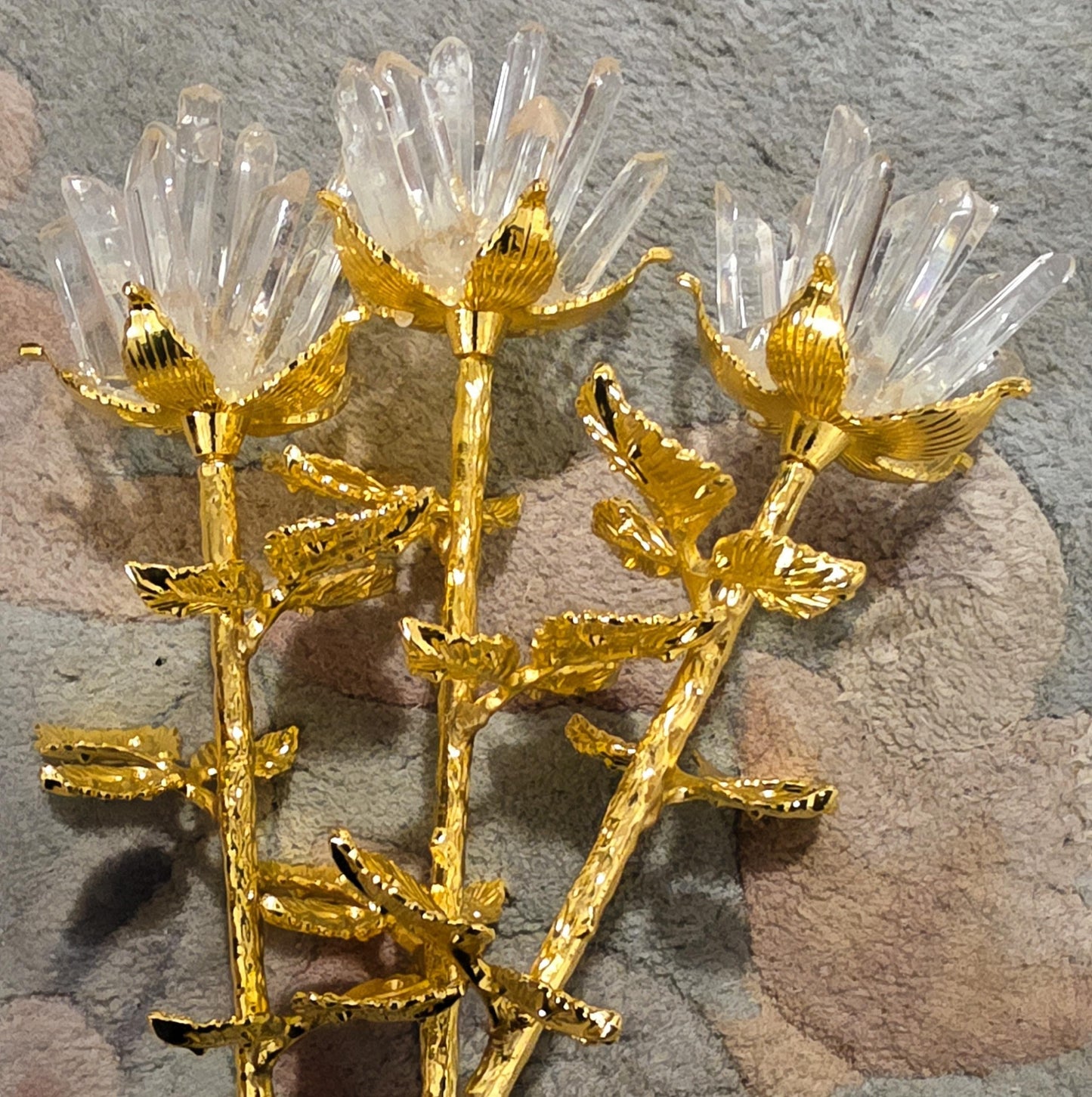 Quartz Crystal Rose Bloom Clusters, Gold Long Stem | Large Polished Gemstone Flowers, Bridal Bouquet