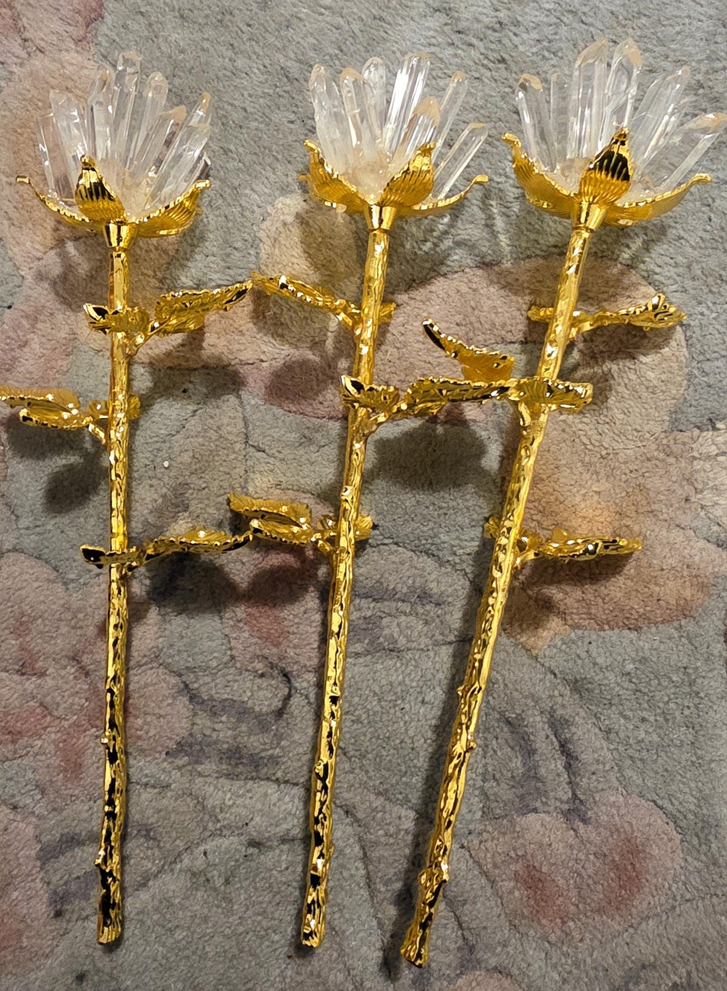 Quartz Crystal Rose Bloom Clusters, Gold Long Stem | Large Polished Gemstone Flowers, Bridal Bouquet