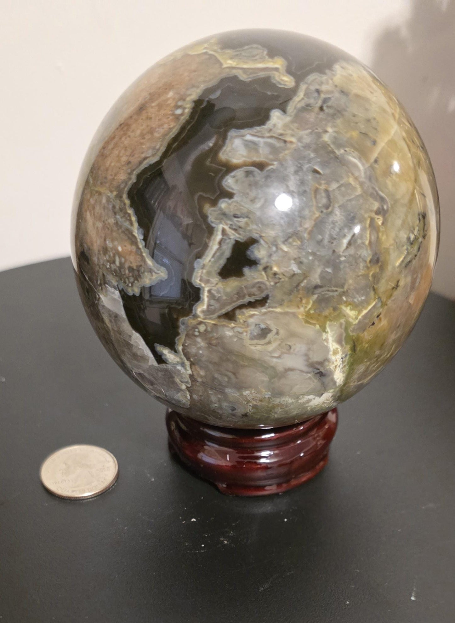 Very Large Volcanic Agate Sphere. 3.7" in diameter, 2lbs 5.3OZ weight Stunning Rare UV reactive. Also has white druzy crystals