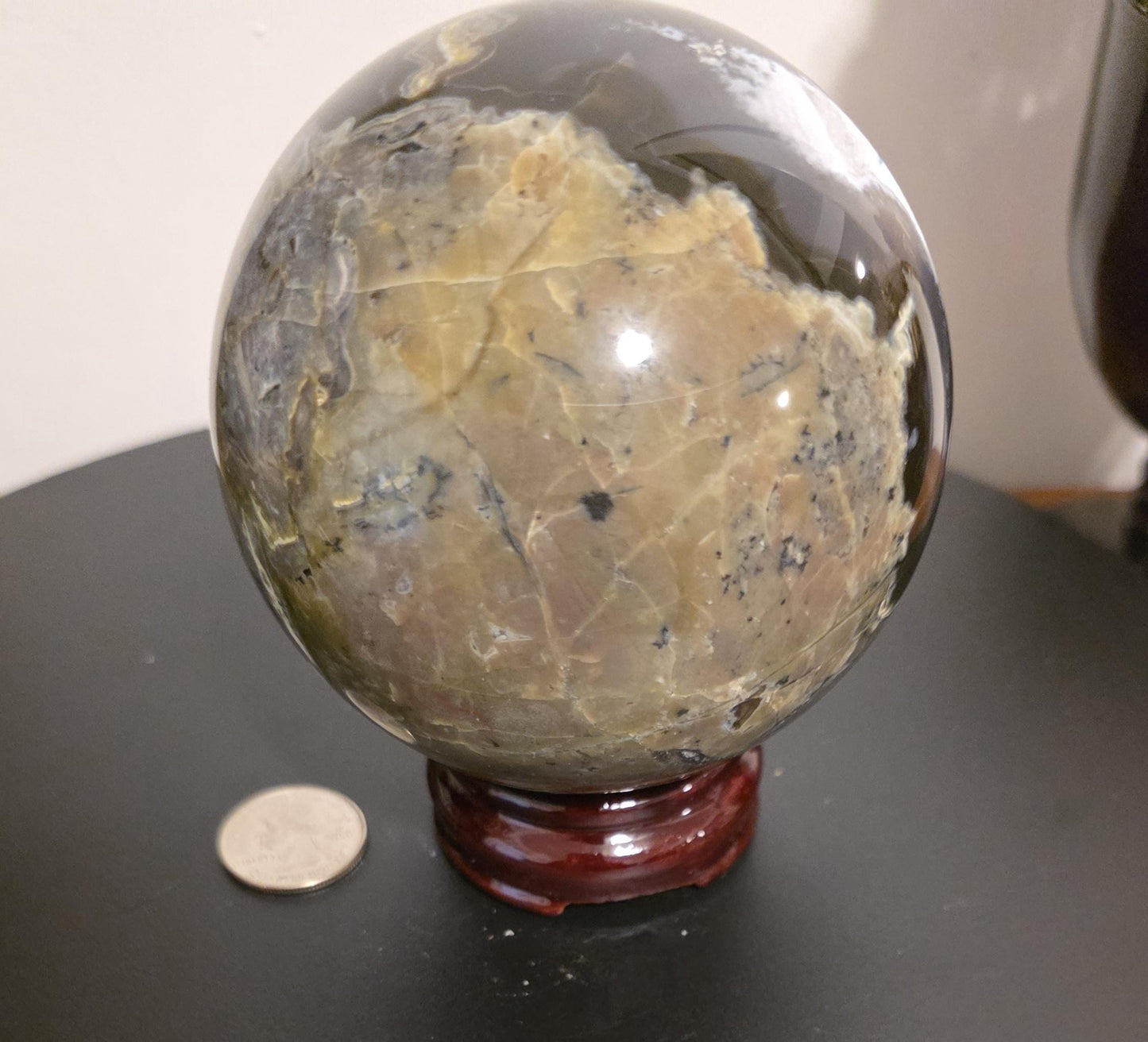 Very Large Volcanic Agate Sphere. 3.7" in diameter, 2lbs 5.3OZ weight Stunning Rare UV reactive. Also has white druzy crystals