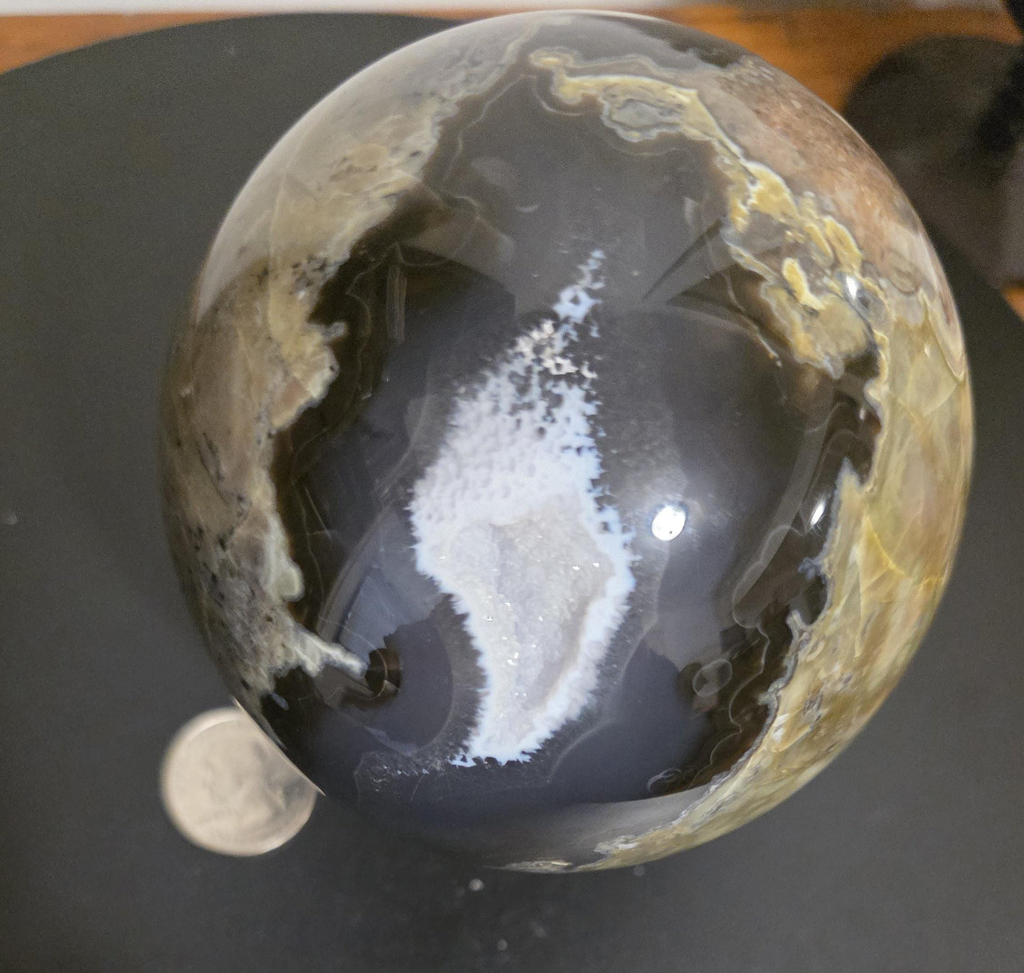 Very Large Volcanic Agate Sphere. 3.7" in diameter, 2lbs 5.3OZ weight Stunning Rare UV reactive. Also has white druzy crystals