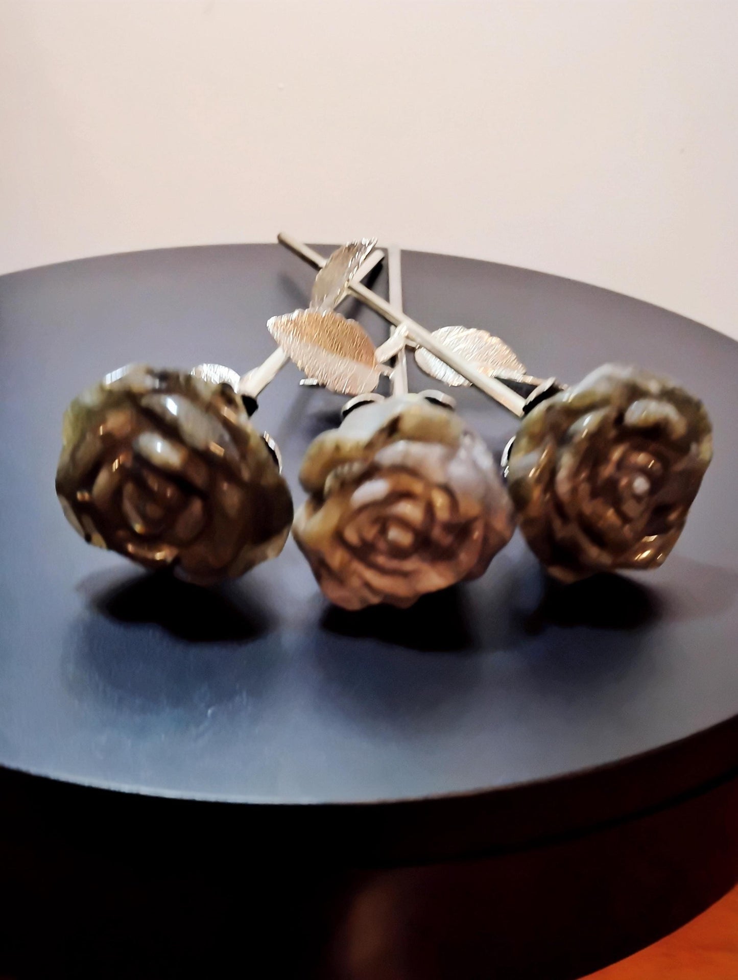 Labradorite Crystal Rose Bouquet Trio, Hand Carved Long Stem Stone Flowers,