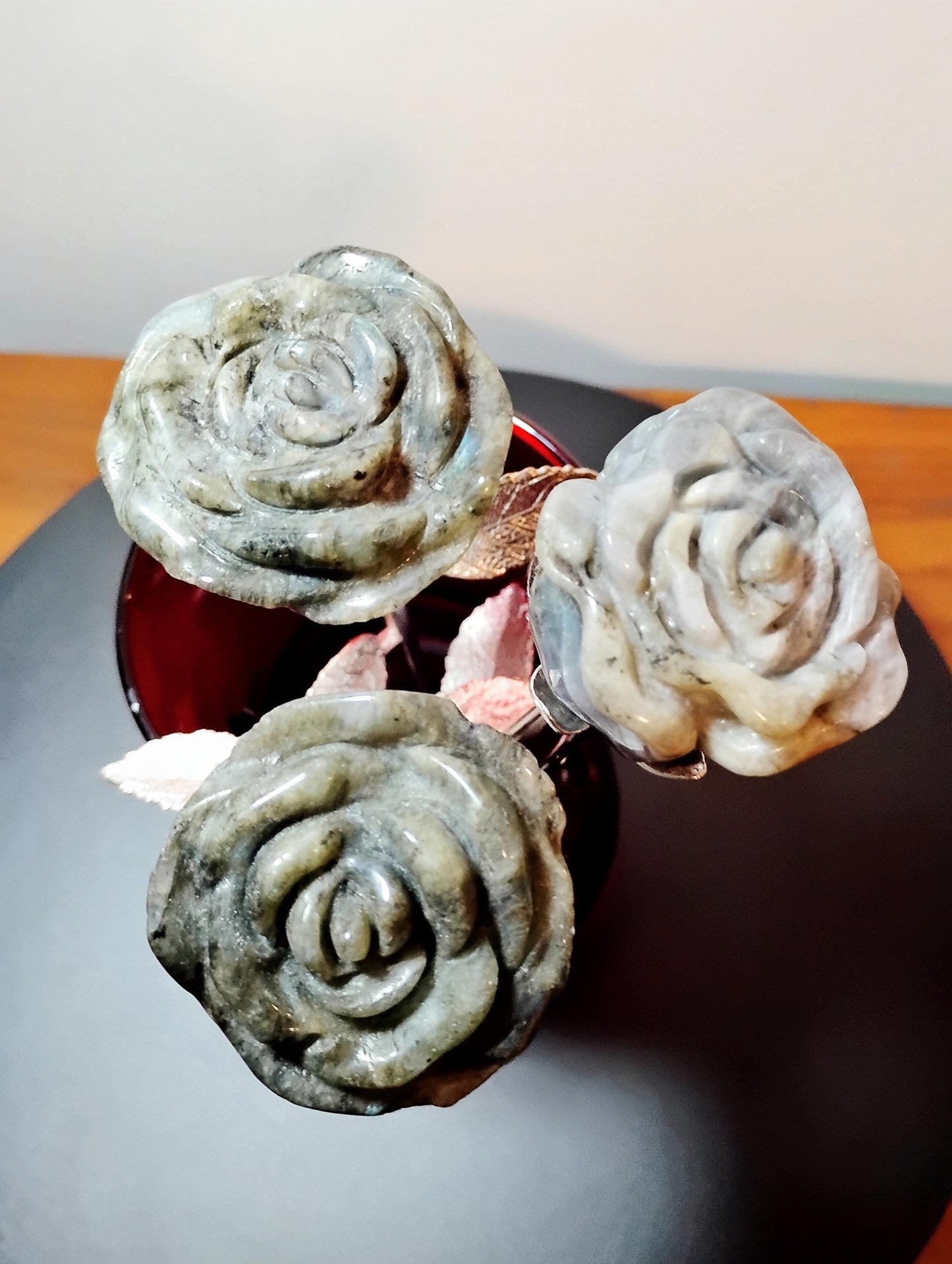 Labradorite Crystal Rose Bouquet Trio, Hand Carved Long Stem Stone Flowers,