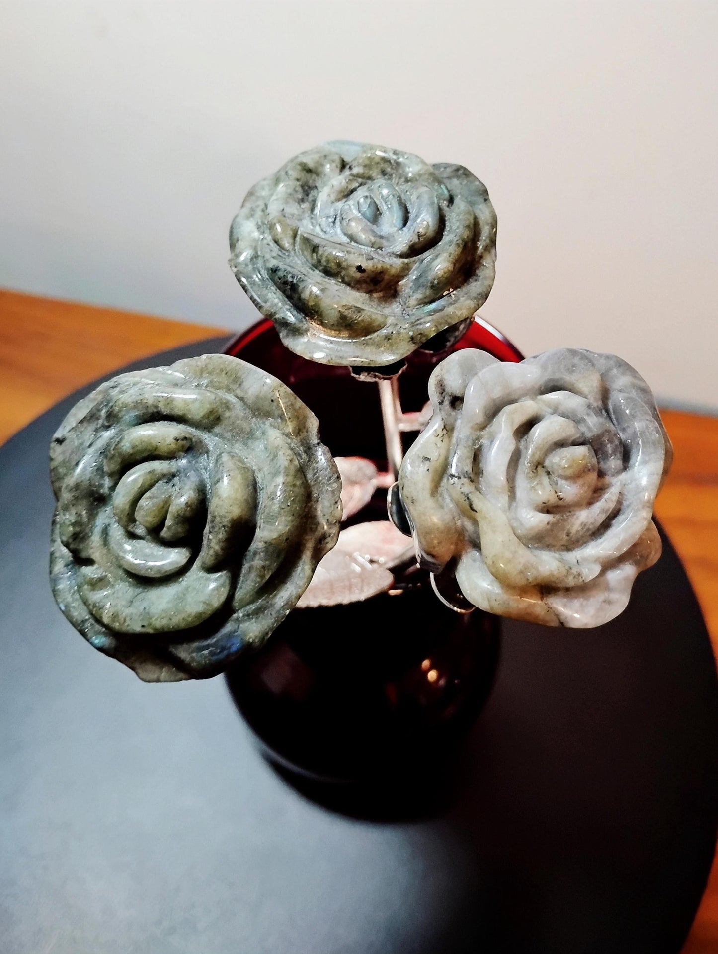 Labradorite Crystal Rose Bouquet Trio, Hand Carved Long Stem Stone Flowers,