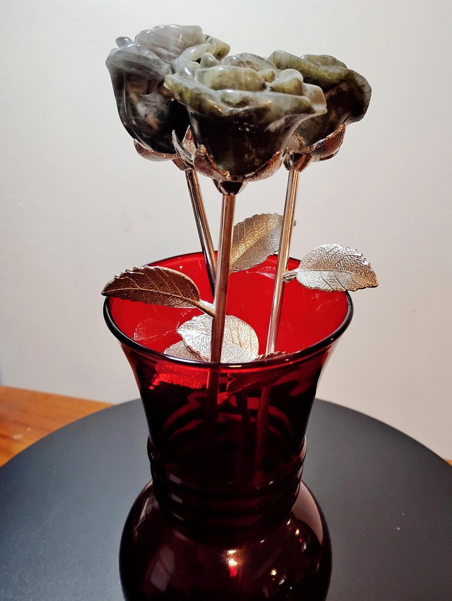 Labradorite Crystal Rose Bouquet Trio, Hand Carved Long Stem Stone Flowers,