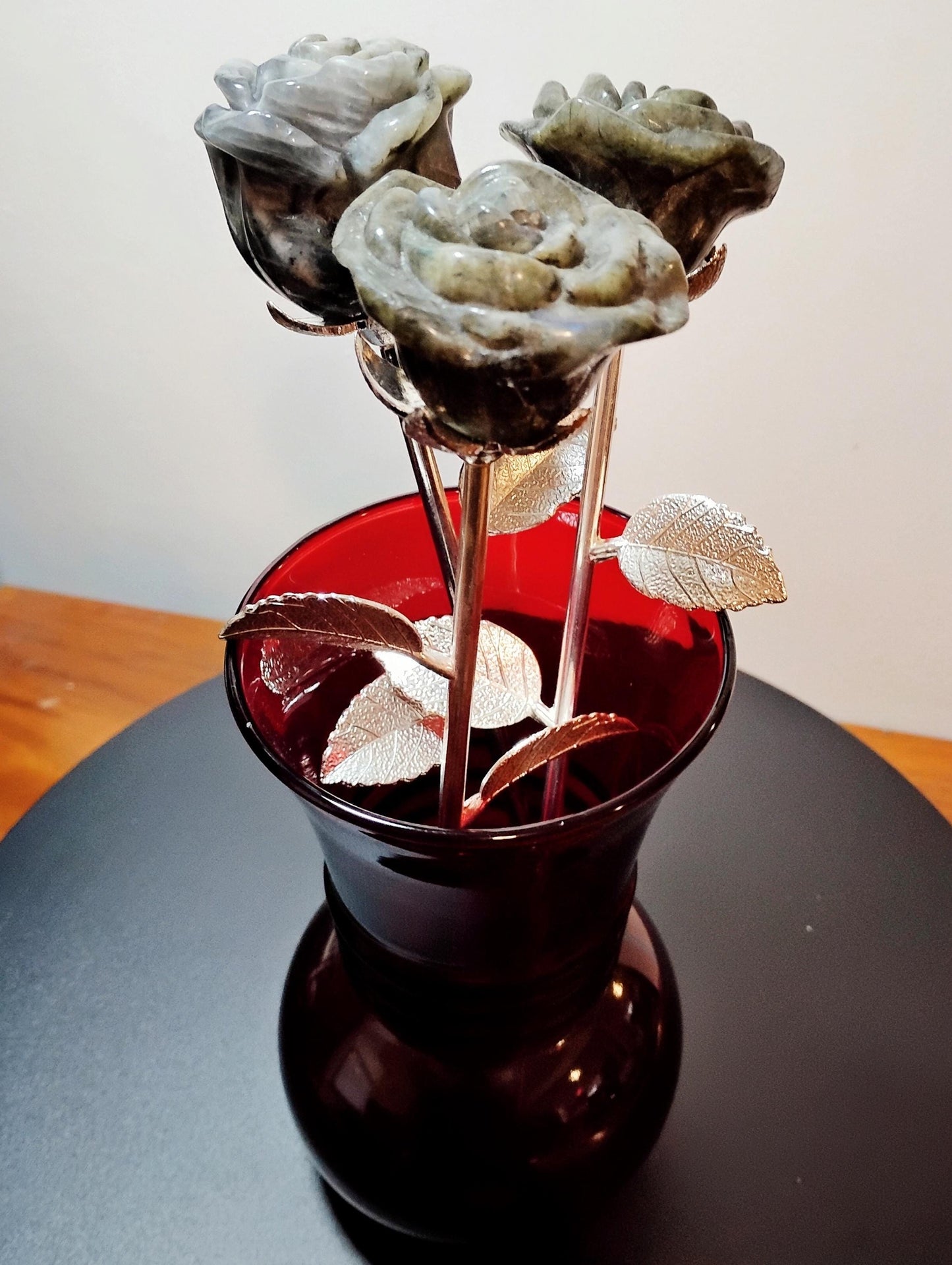 Labradorite Crystal Rose Bouquet Trio, Hand Carved Long Stem Stone Flowers,