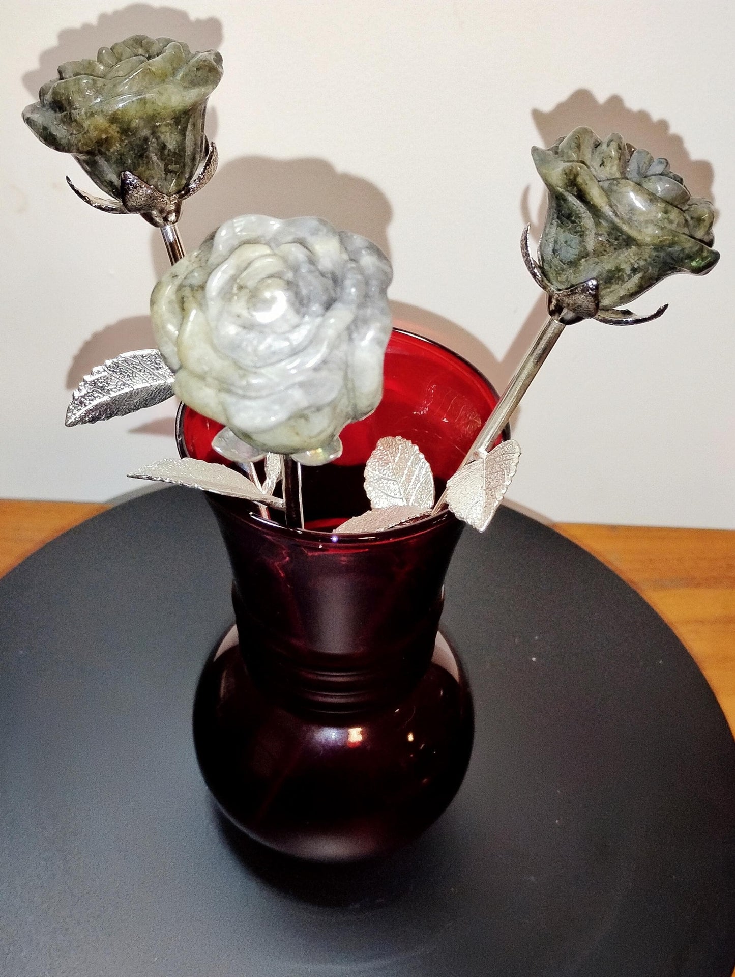Labradorite Crystal Rose Bouquet Trio, Hand Carved Long Stem Stone Flowers,