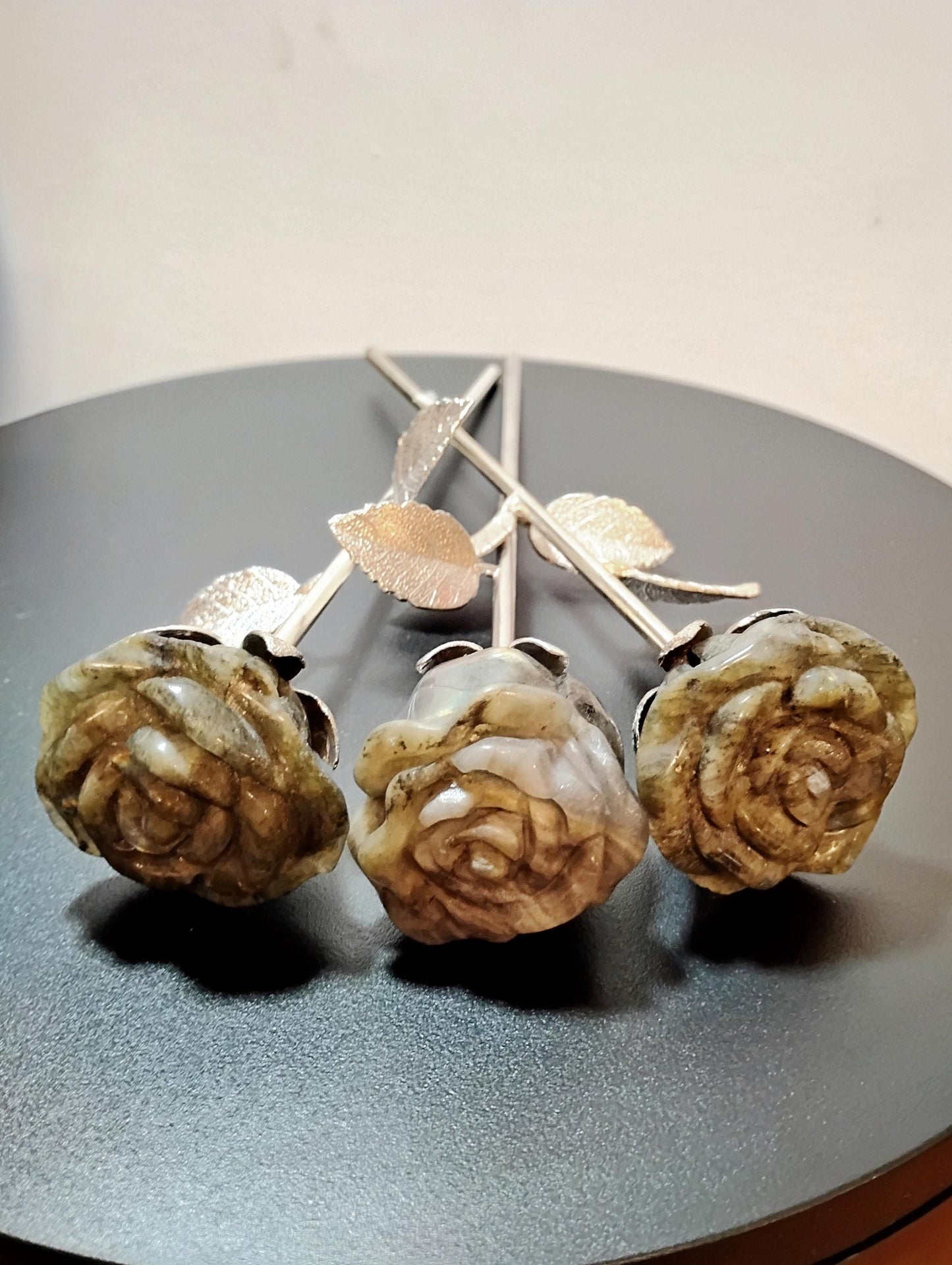Labradorite Crystal Rose Bouquet Trio, Hand Carved Long Stem Stone Flowers,