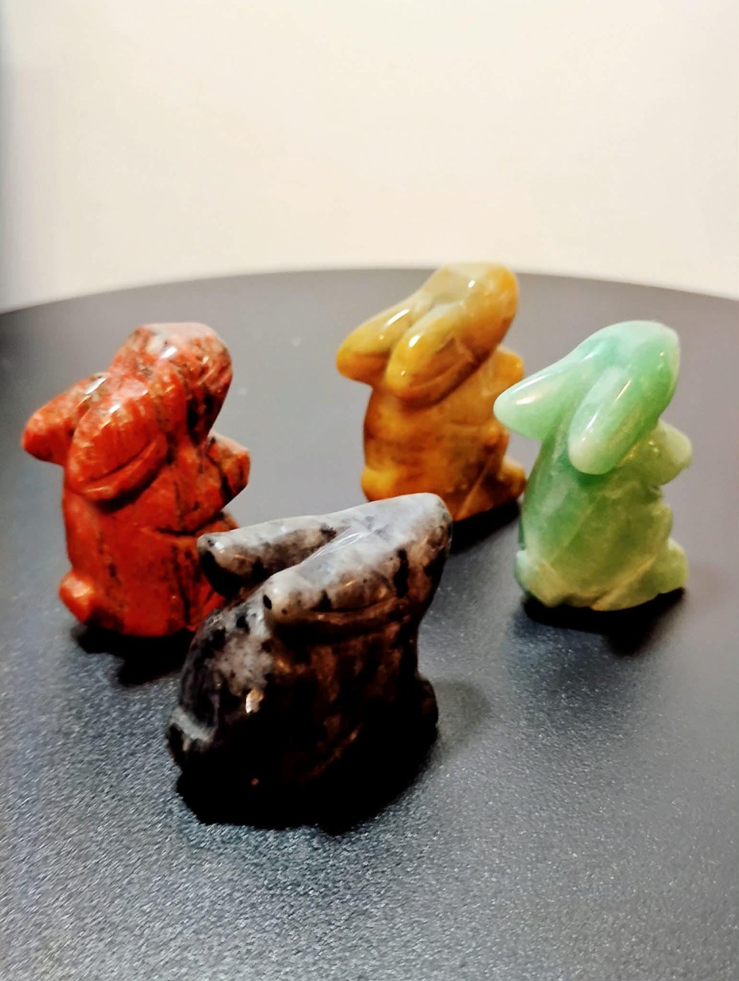 Hand Carved Rabbit Figurines, Crystal Animal, Ocean and Red Jasper, Green Aventurine, Lavakite