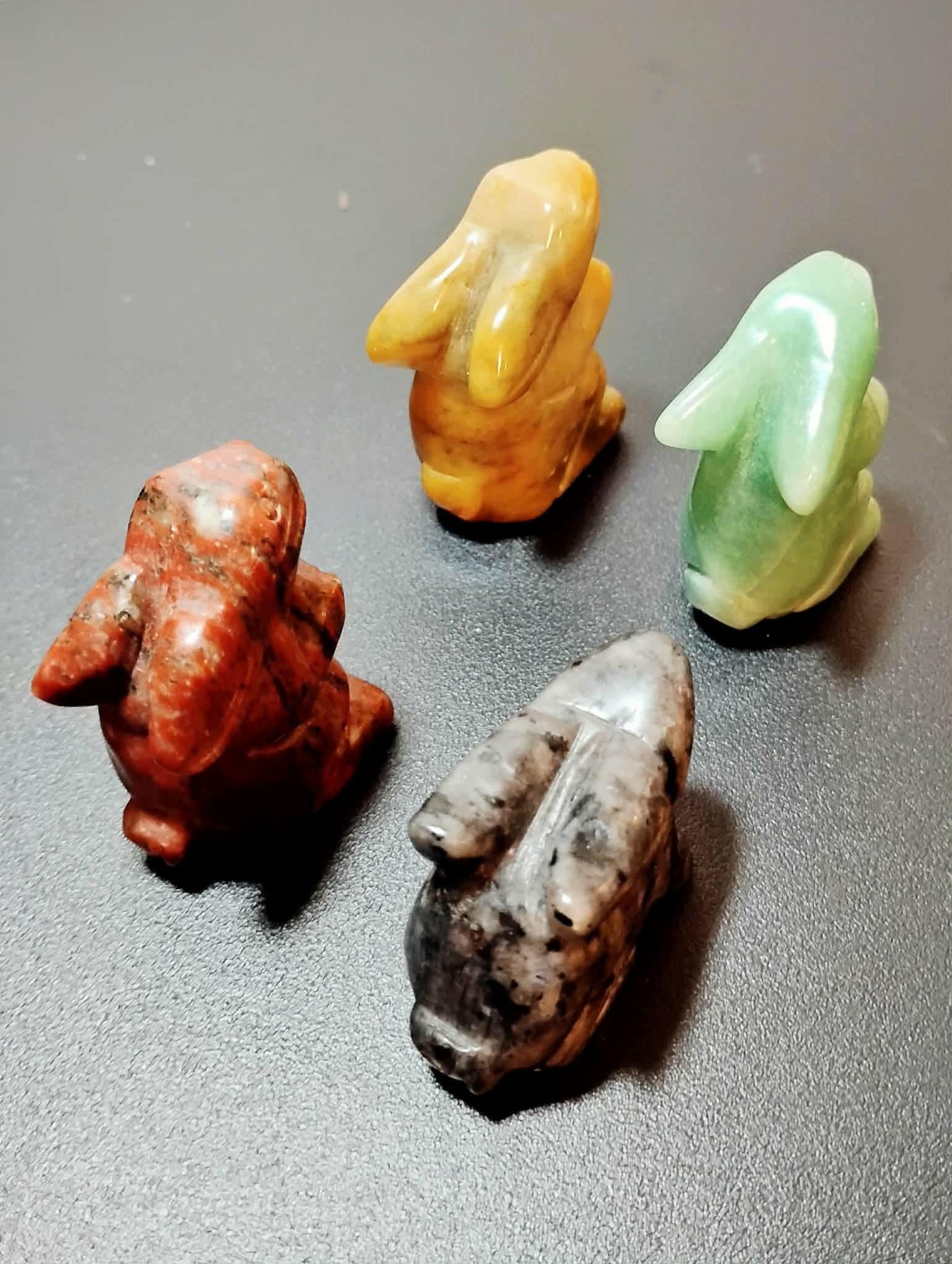 Hand Carved Rabbit Figurines, Crystal Animal, Ocean and Red Jasper, Green Aventurine, Lavakite